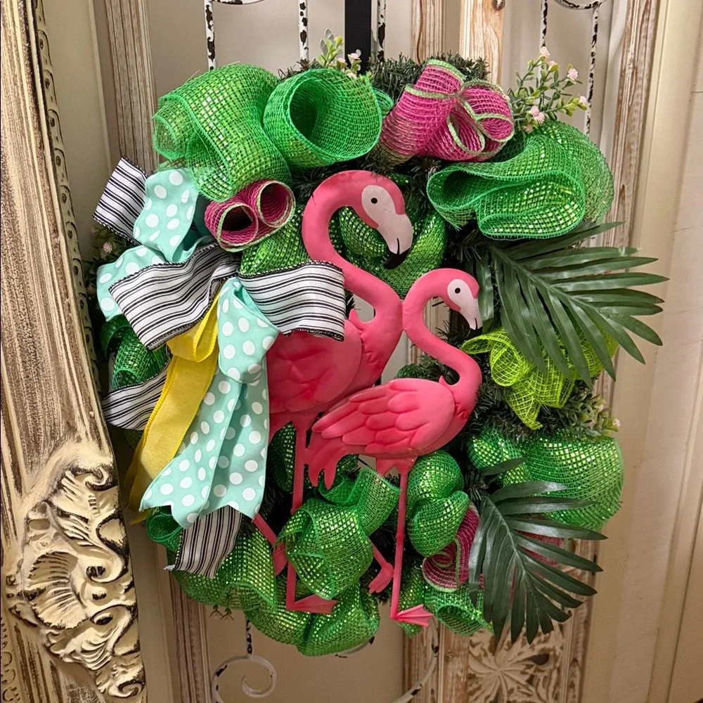 Pink Flamingo Tropical Holiday Wreath - Green & Pink